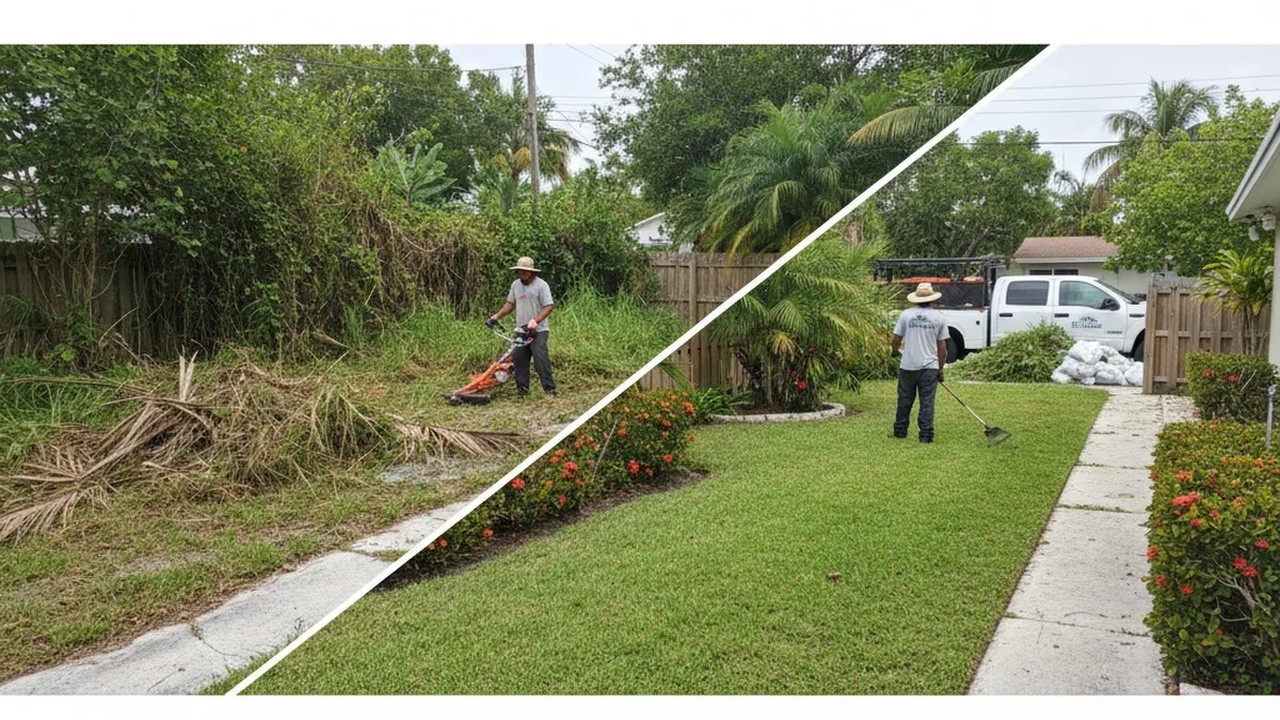 Neglected overgrown yard before professional landscaping in Miami